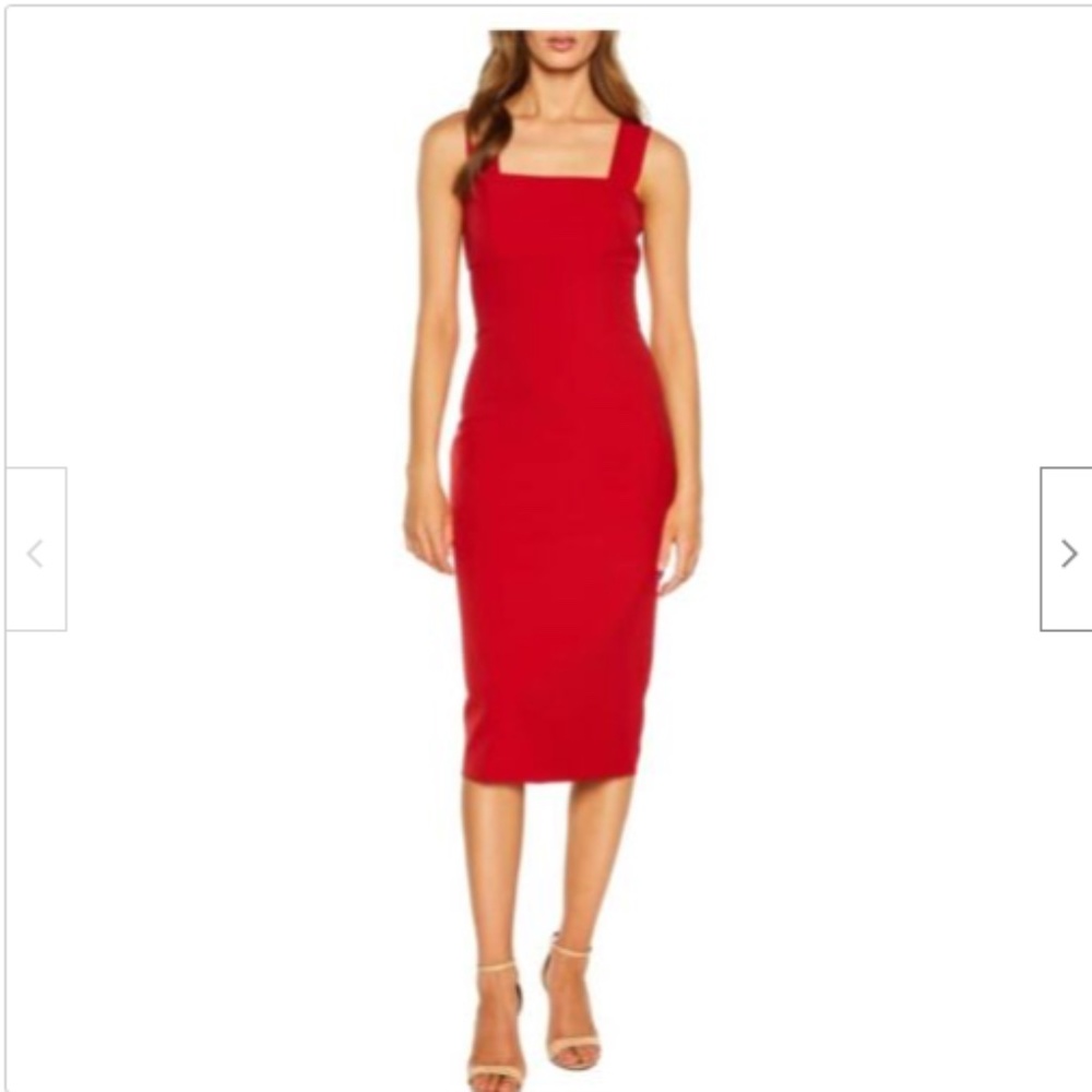 BARDOT Clio Square Neck Midi Sheath Red Dress